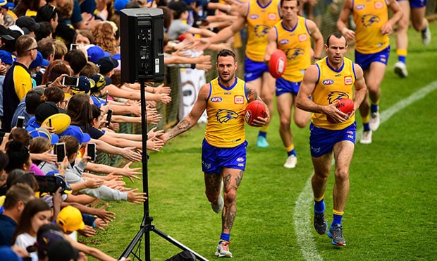 AFL 2018 Training - West Coast Eagles 240918 PERTH, AUSTRALIA - SEPTEMBER 24: Chris Masten of the Eagles embraces the crowd support during the West Coast Eagles open Grand Final training session at Subiaco Oval on September 24, 2018 in Melbourne, Australia. (Photo by Daniel Carson/AFL Media)